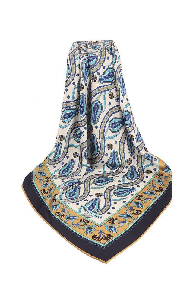 Navy Blue Ivy Tulip Pattern Silky Square Scarf - 3