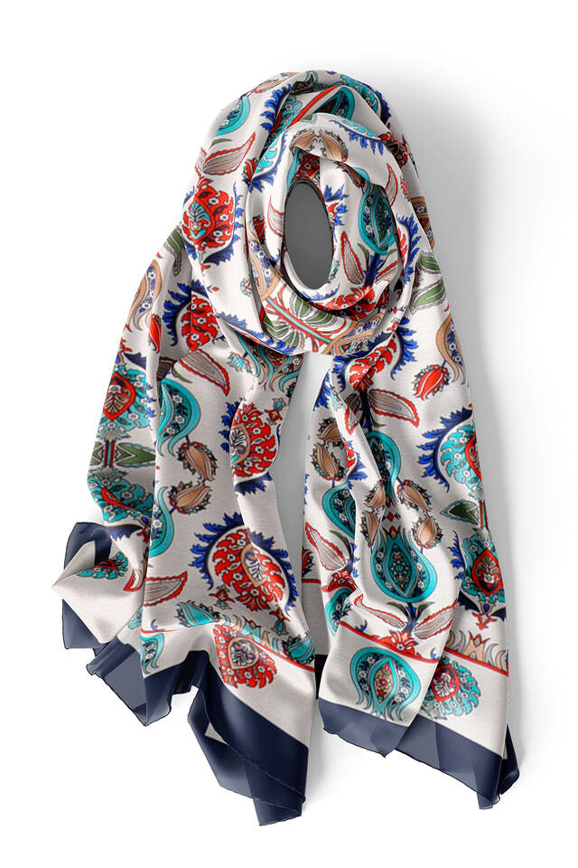 Navy Blue Iznik Pattern Narrow Silk Foulard - 3