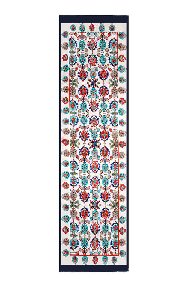 Navy Blue Iznik Pattern Narrow Silk Foulard - 4