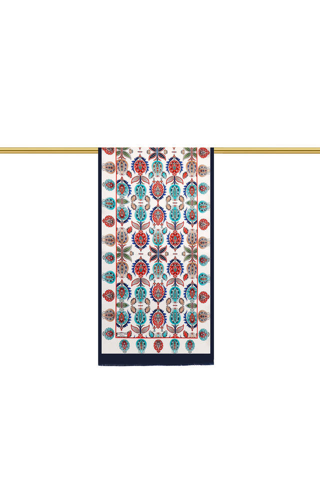 Navy Blue Iznik Pattern Narrow Silk Foulard - 2