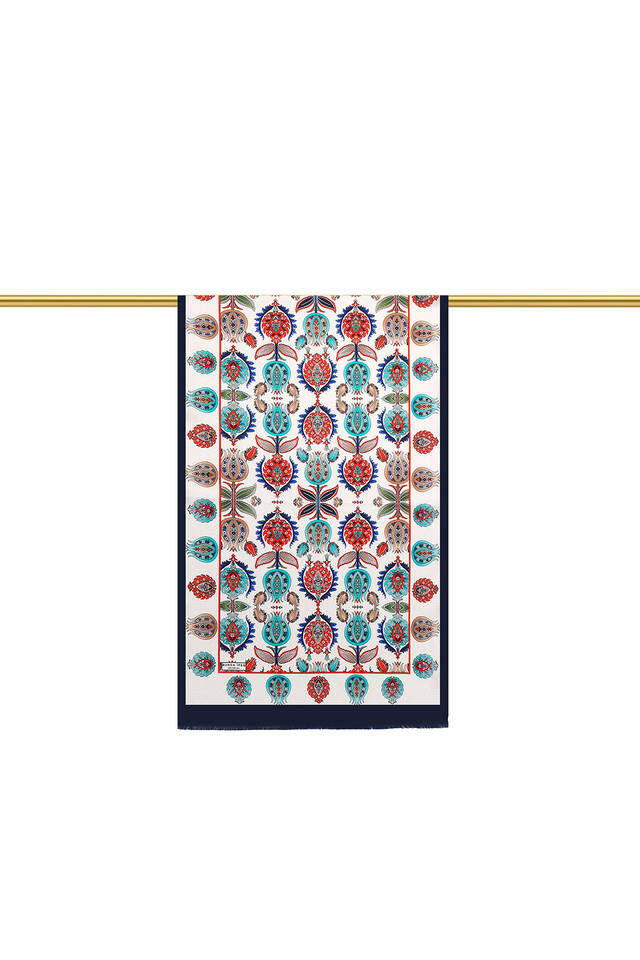 Navy Blue Iznik Pattern Silk Foulard - 2