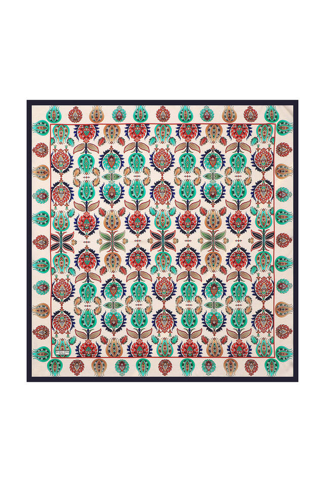 Navy Blue Iznik Pattern Silk Square Scarf - 2