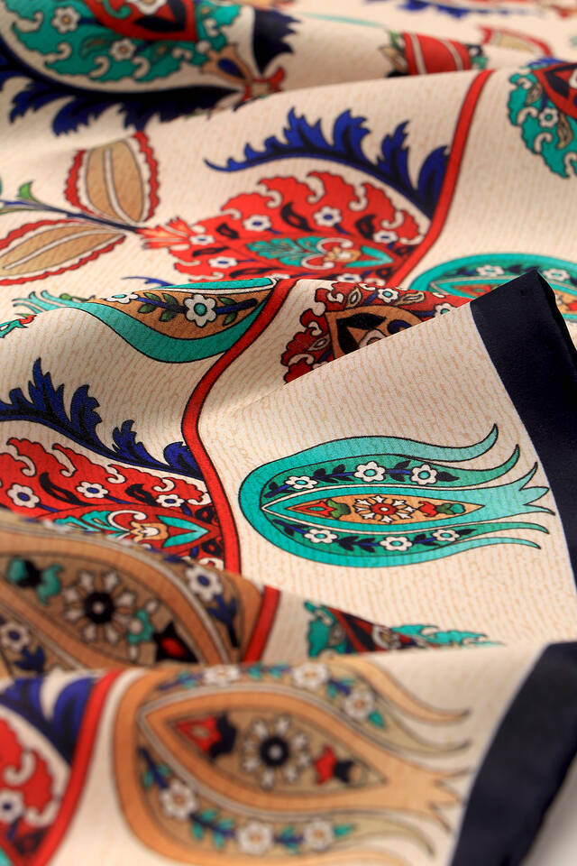 Navy Blue Iznik Pattern Silk Square Scarf - 3