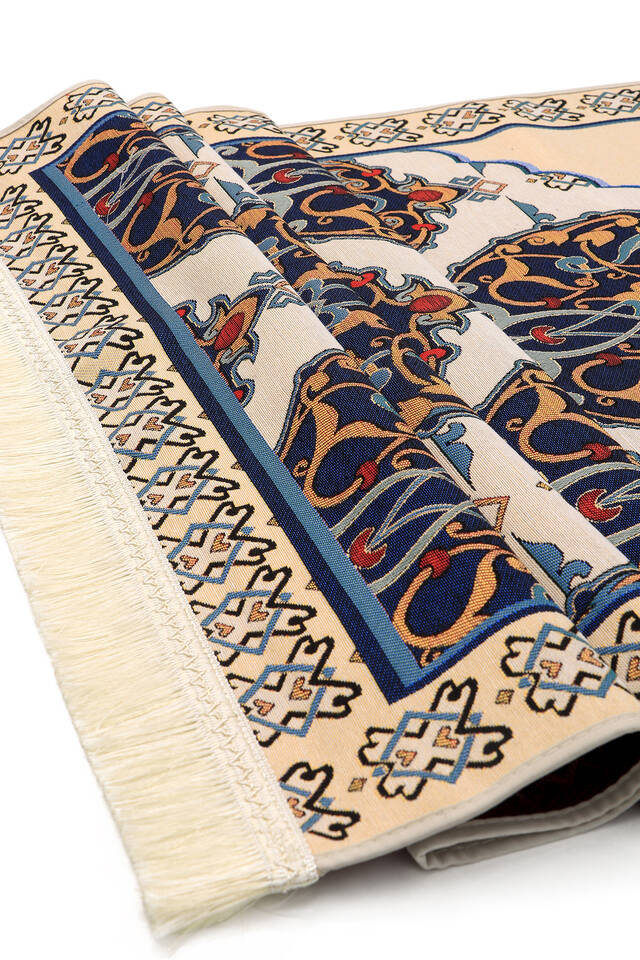 Navy Blue Iznik Pattern Tapestry Prayer Rug - 3
