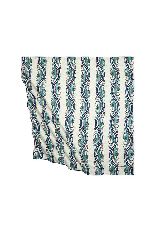 Navy Blue Khaki Turkish Pattern Ivy Pattern Silky Square Scarf 