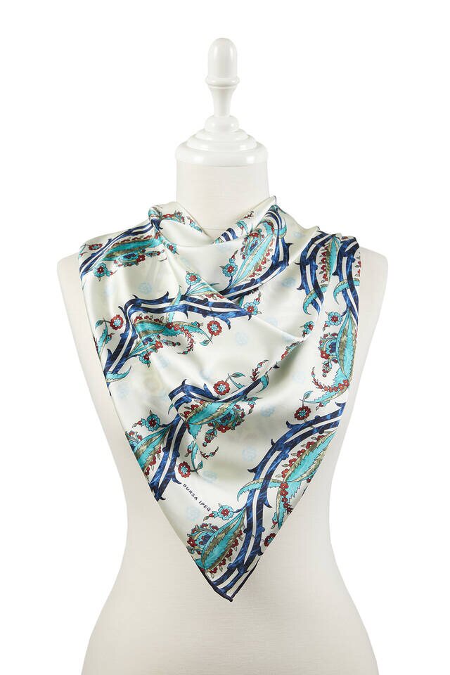 Navy Blue Khaki Turkish Pattern Ivy Pattern Silky Square Scarf - 2