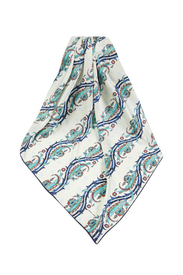 Navy Blue Khaki Turkish Pattern Ivy Pattern Silky Square Scarf - 3