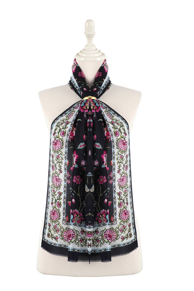 Navy Blue Lily Pattern Voile Silk Foulard - 2