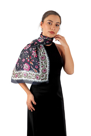 Navy Blue Lily Pattern Voile Silk Foulard 