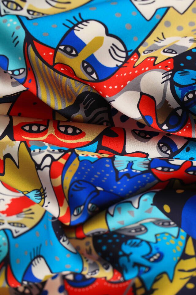 Navy Blue Mustard Patterned Silky Foulard - 3