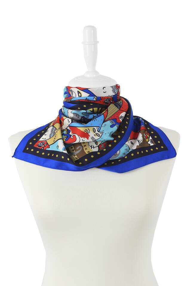 Navy Blue Mustard Patterned Silky Foulard - 2