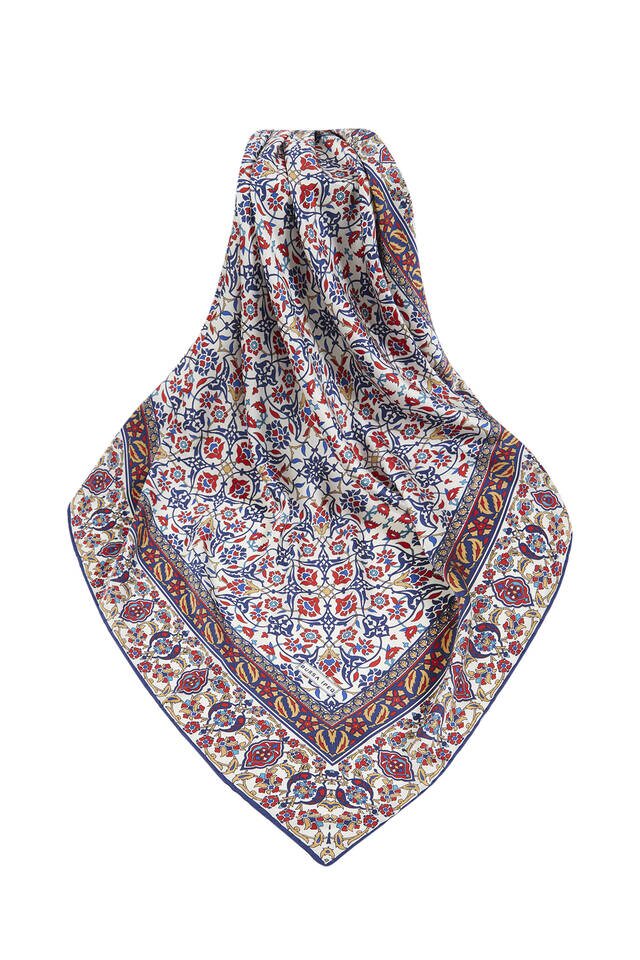 Navy Blue Mustard Turkish Patterned Tile Pattern Silk Square Scarf - 3