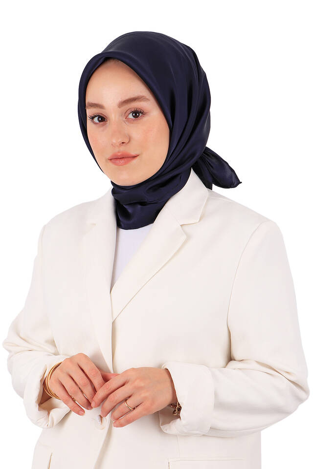 Navy Blue Plain Sura Silk Square Scarf - 2