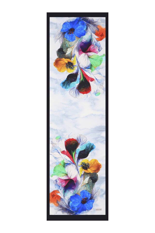 Navy Blue Poppy Pattern Silky Foulard - 4