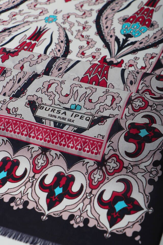 Navy Blue Powder Large Tulip Voile Silk Foulard - 3