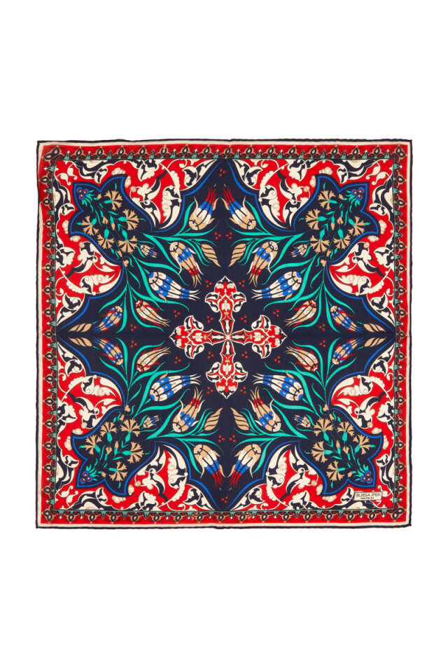 Navy Blue Red Carnation Tulip Pattern Silk Pocket Square - 1