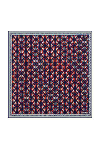 Navy Blue Red Çintemani Pattern Silk Pocket Square 