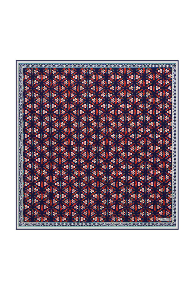 Navy Blue Red Çintemani Pattern Silk Pocket Square - 1
