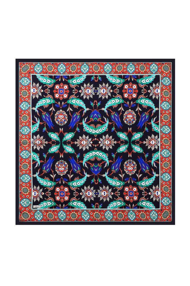 Navy Blue Red Ephesus Pattern Silk Square Scarf - 2