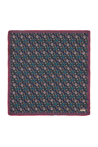 Navy Blue Red Ivy Tulip Pattern Silk Pocket Square 
