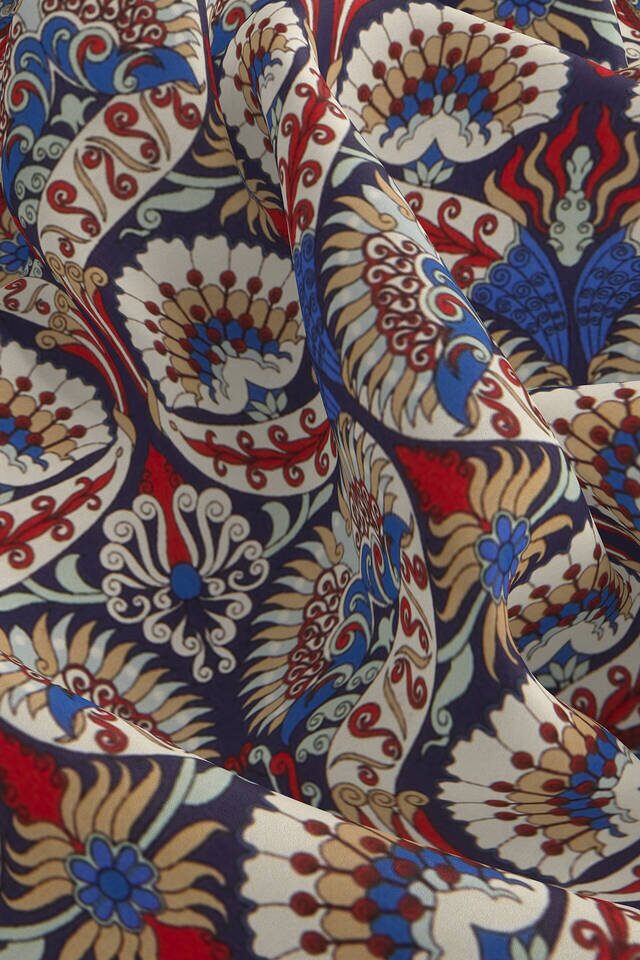 Navy Blue Red Peacock Pattern Silk Pocket Square - 3