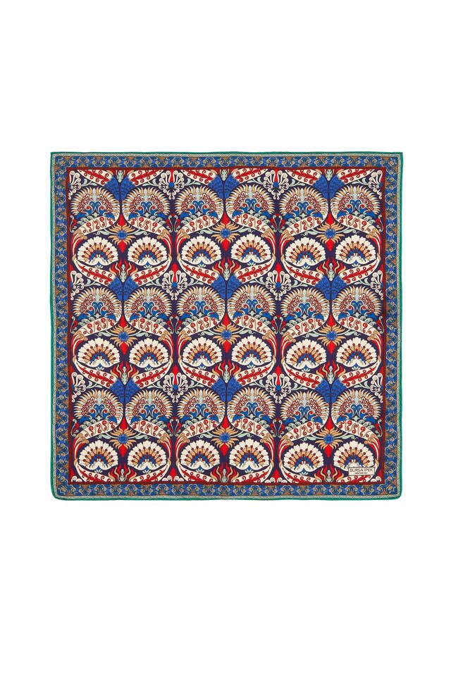 Navy Blue Red Peacock Pattern Silk Pocket Square - Bursa İpek