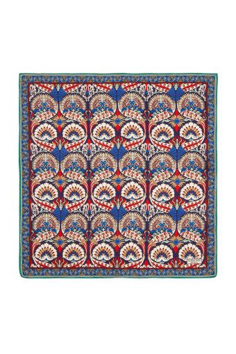 Navy Blue Red Peacock Pattern Silk Pocket Square 
