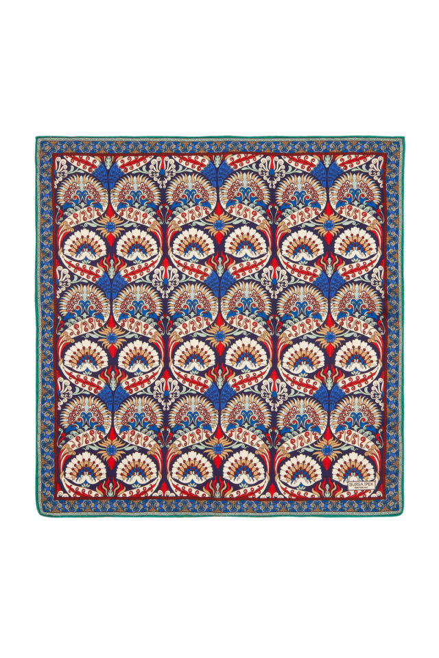 Navy Blue Red Peacock Pattern Silk Pocket Square - Bursa İpek