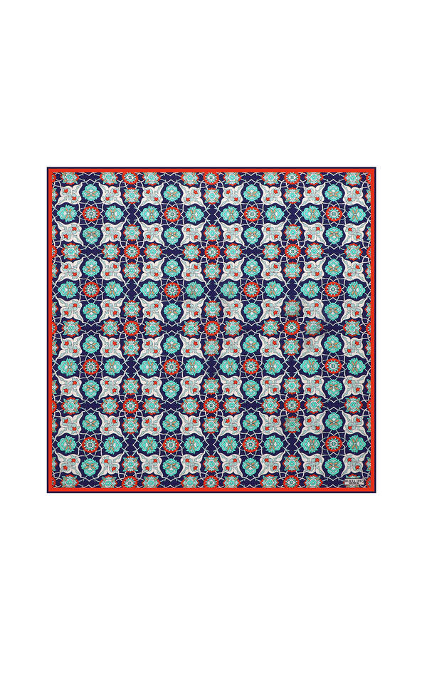 Navy Blue Red Tile Spiral Pattern Silk Pocket Square - Bursa İpek