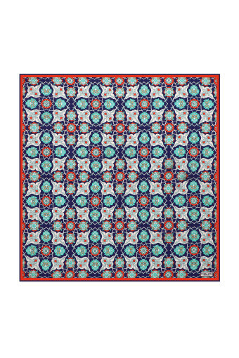 Navy Blue Red Tile Spiral Pattern Silk Pocket Square 
