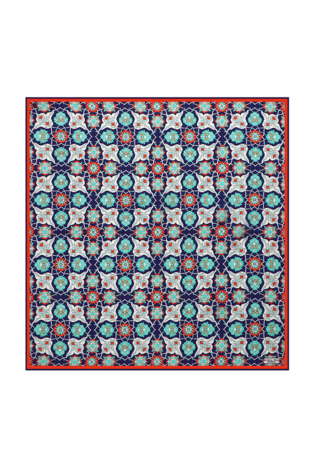 Navy Blue Red Tile Spiral Pattern Silk Pocket Square - Bursa İpek