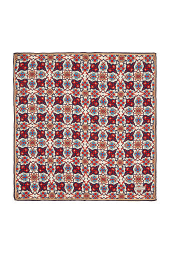 Navy Blue Red Tile Spiral Pattern Silk Pocket Square 
