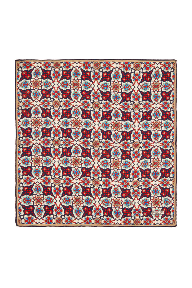 Navy Blue Red Tile Spiral Pattern Silk Pocket Square - Bursa İpek