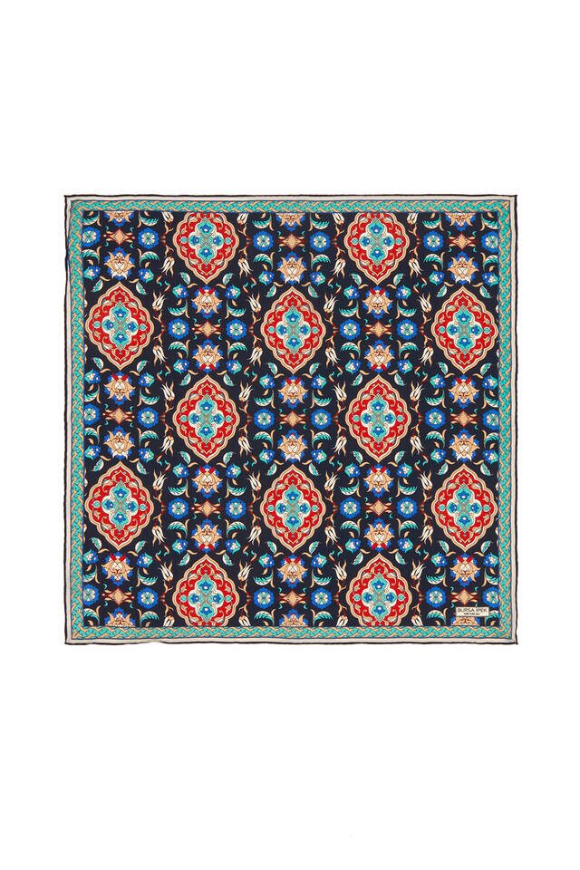 Navy Blue Red Tile Tulip Pattern Silk Pocket Square 