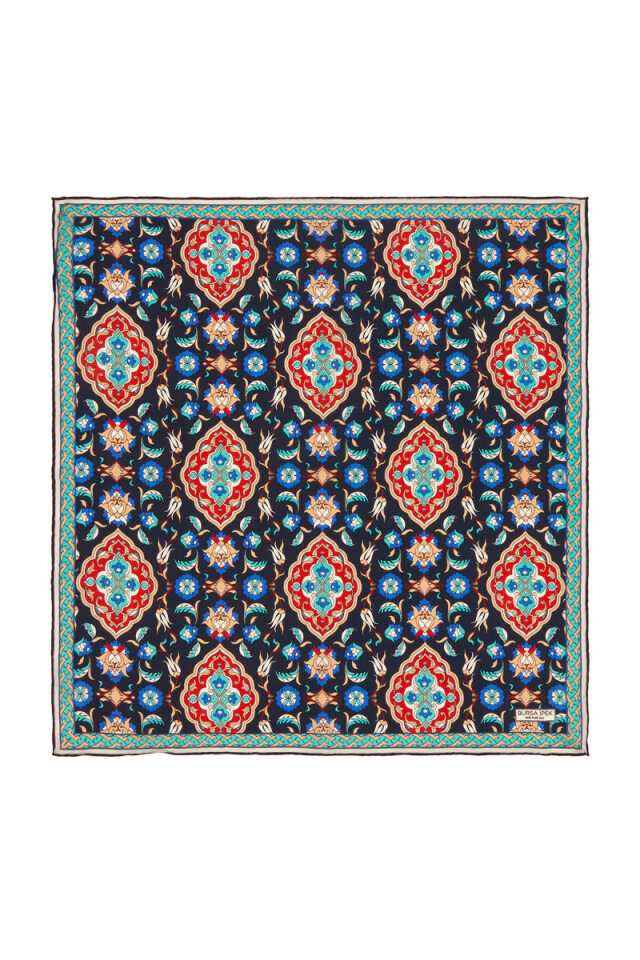 Navy Blue Red Tile Tulip Pattern Silk Pocket Square 