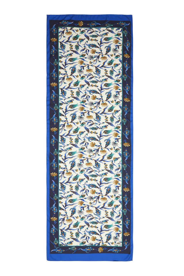 Navy Blue Saks Carnation Tulip Pattern Wide Silky Foulard - 4