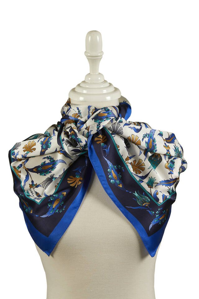Navy Blue Saks Carnation Tulip Pattern Wide Silky Foulard - 2
