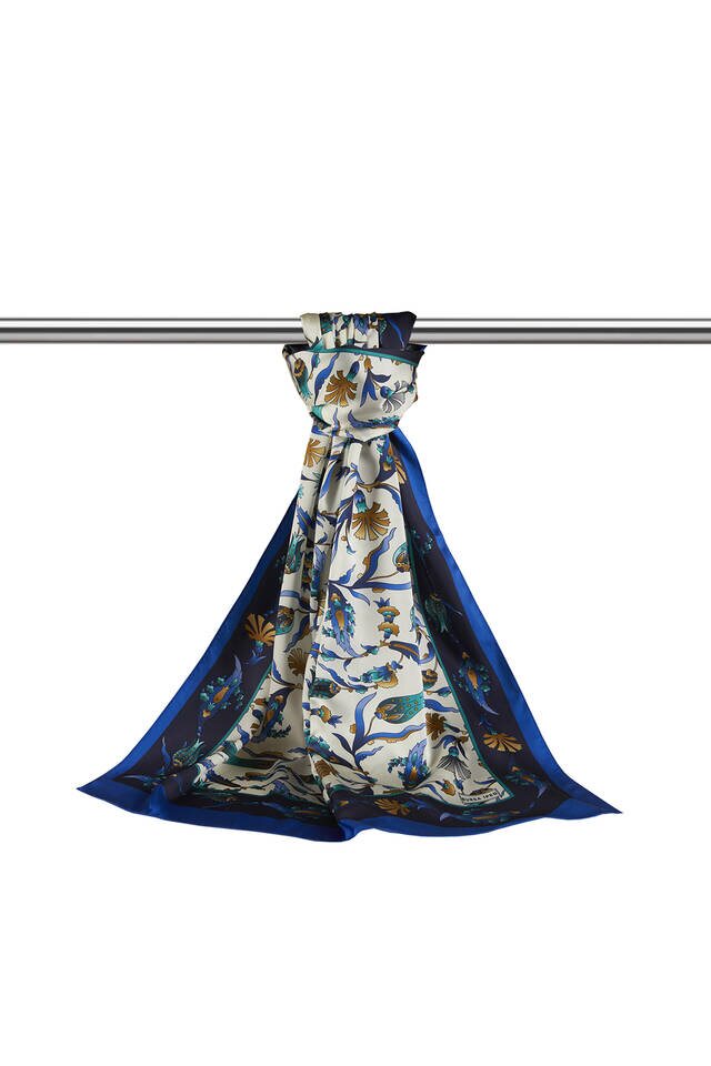 Navy Blue Saks Carnation Tulip Pattern Wide Silky Foulard - 3