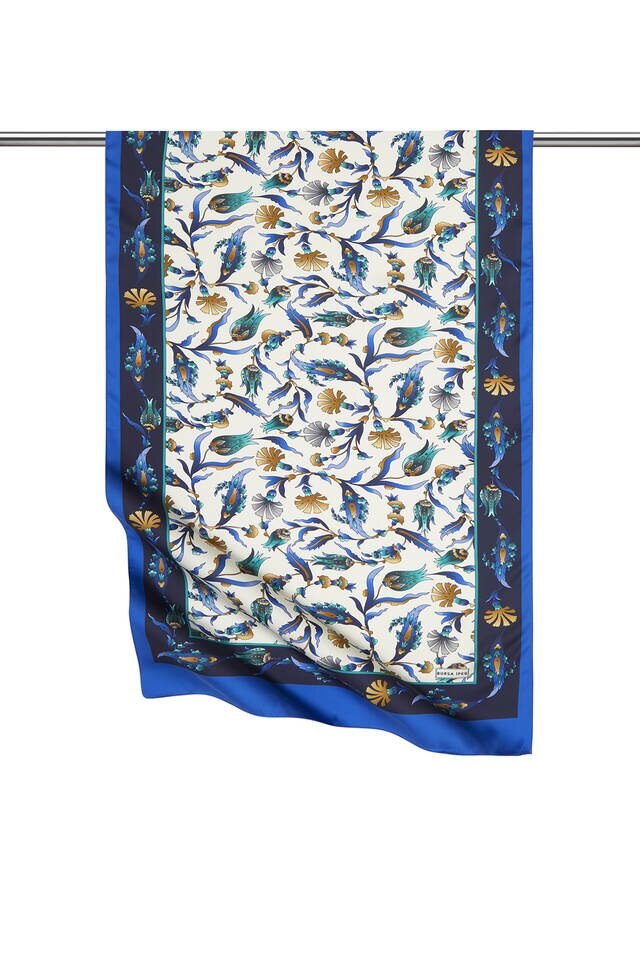 Navy Blue Saks Carnation Tulip Pattern Wide Silky Foulard 