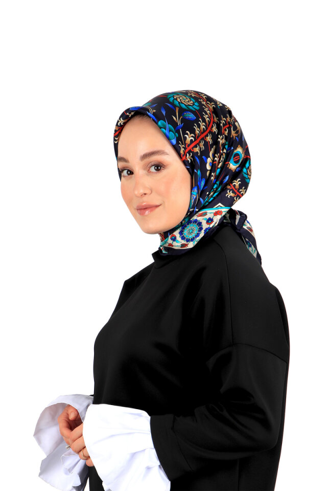 Navy Blue Saks Selçuk Pattern Silk Square Scarf 