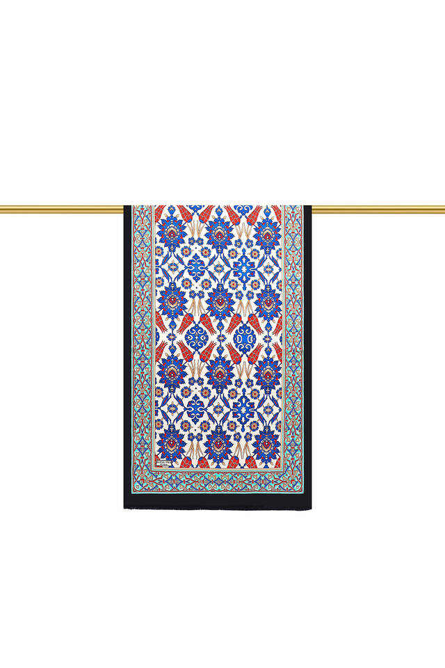 Navy Blue Saks Tile Tulip Silk Foulard - 2