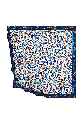 Navy Blue Saks Turkish Pattern Carnation Tulip Pattern Silky Square Scarf 