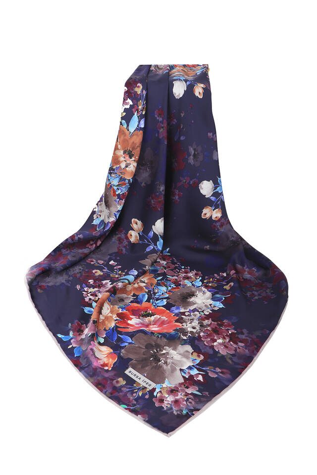 Navy Blue Sardinia Pattern Silky Square Scarf - 3