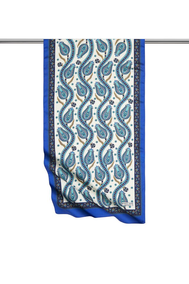 Navy Blue Sax Row Tulip Pattern Narrow Silky Foulard 