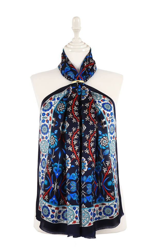 Navy Blue Selcuk Pattern Narrow Silk Foulard 