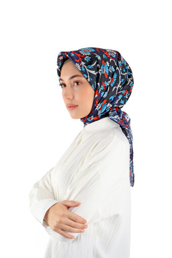 Navy Blue Shawl Pattern Voile Silk Square Scarf 