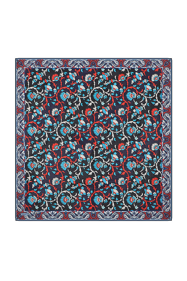 Navy Blue Shawl Pattern Voile Silk Square Scarf 