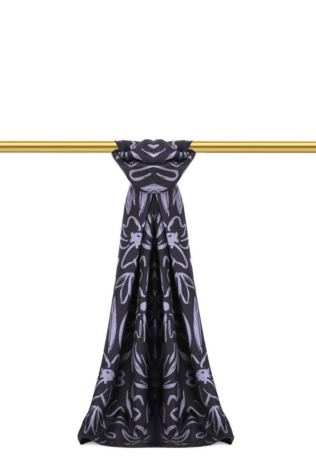 Navy Blue Spring Pattern Twill Silk Scarf 