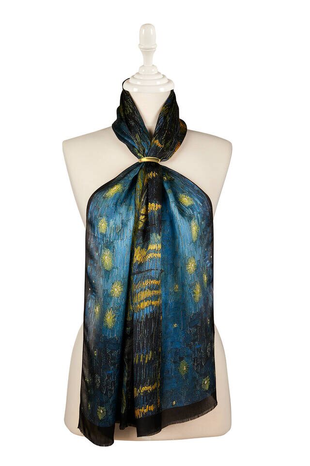Navy Blue Starry Nights Silk Painting Foulard 
