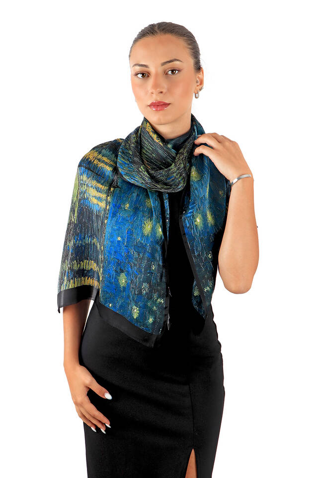Navy Blue Starry Nights Silk Painting Foulard - 2